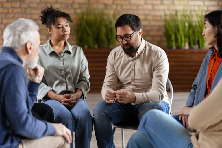 Diverse group of people sharing problems during therapy session