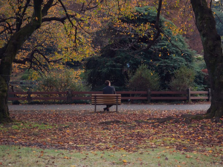 A lonely man sat on a park bench in Autumn by himself