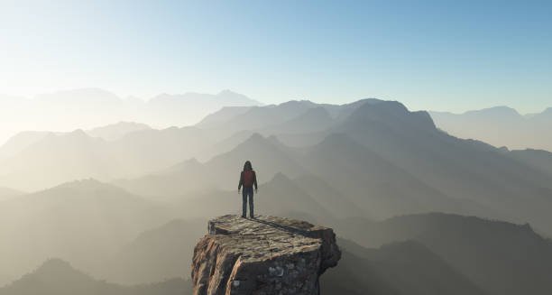 Hiker on top of a mountain. This is a 3d render illustration