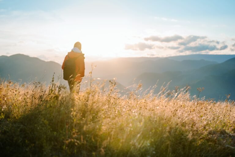 Rear View Of Hiker Standing On Field Against Mountain And Sky At Sunset
