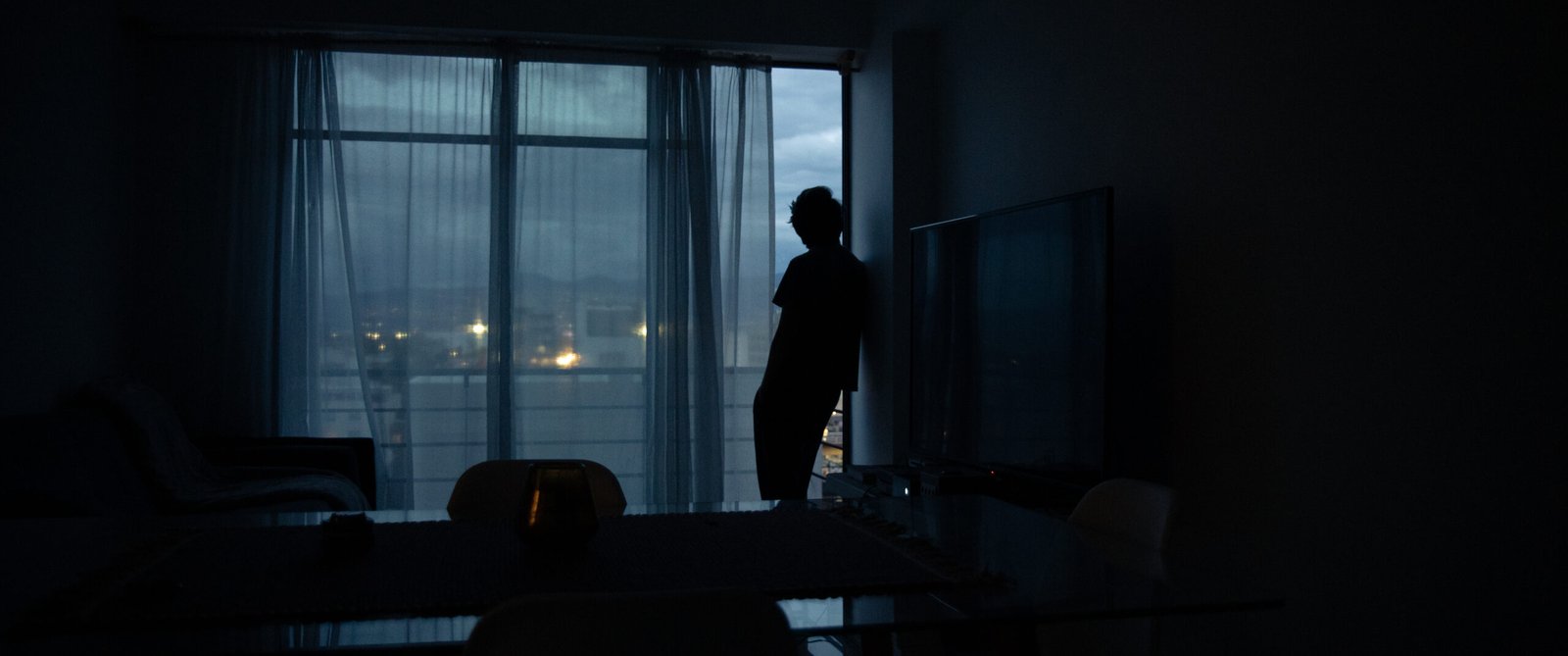 Side View Of Silhouette Man Standing By Window At Home