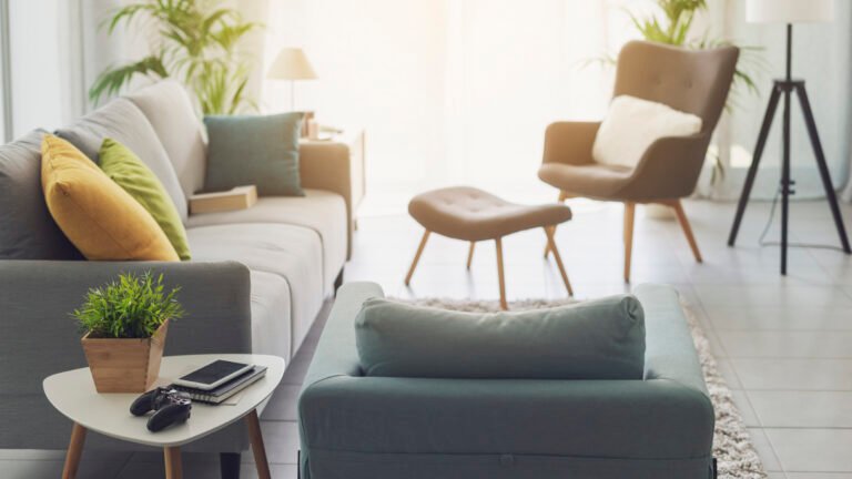 Living room interior with warm sunlight