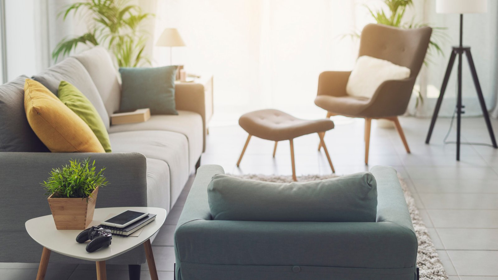 Living room interior with warm sunlight