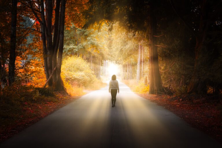 Colorful Art Render with Sunrays of Adventurous Caucasian Woman walking