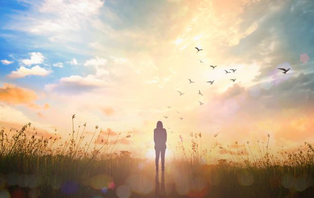 Silhouette of healthy woman over autumn sunset meadow background