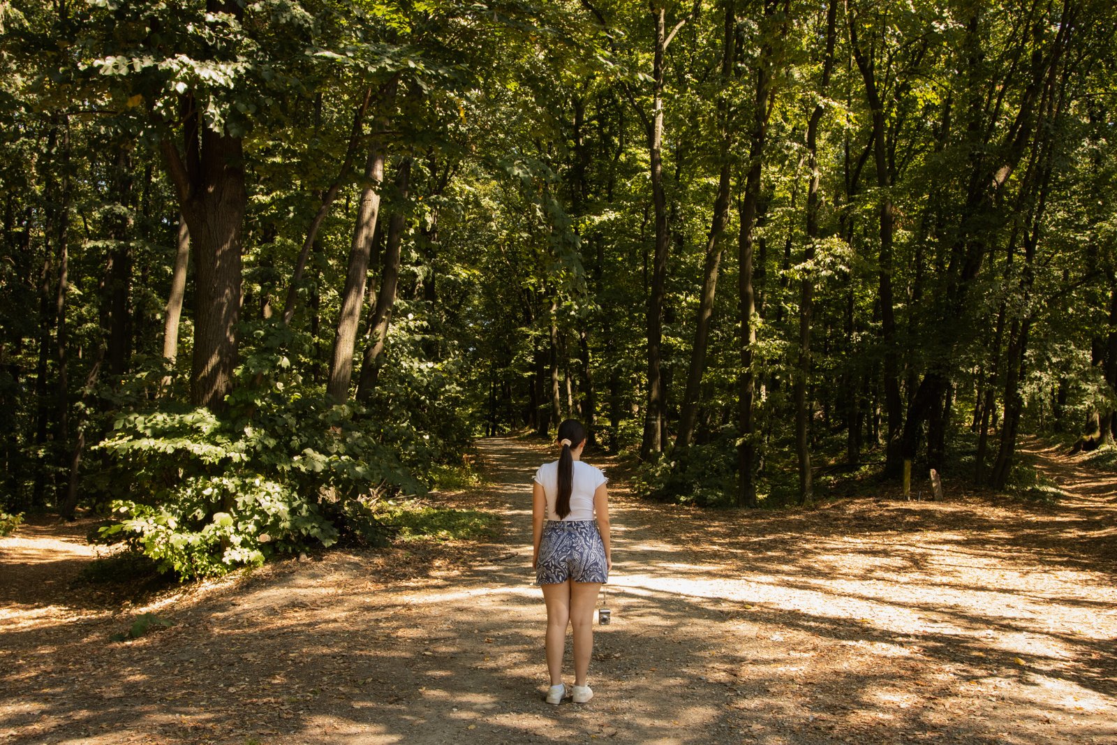 Young woman standing at a forest crossroads. symbolizing life choices and decisions. Young woman standing in Fruska Gora forest