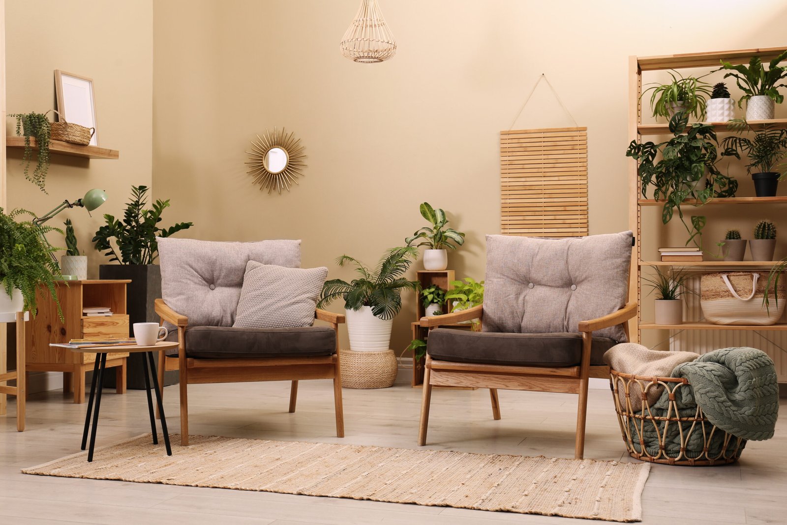 Lounge area interior with comfortable armchairs and beautiful houseplants