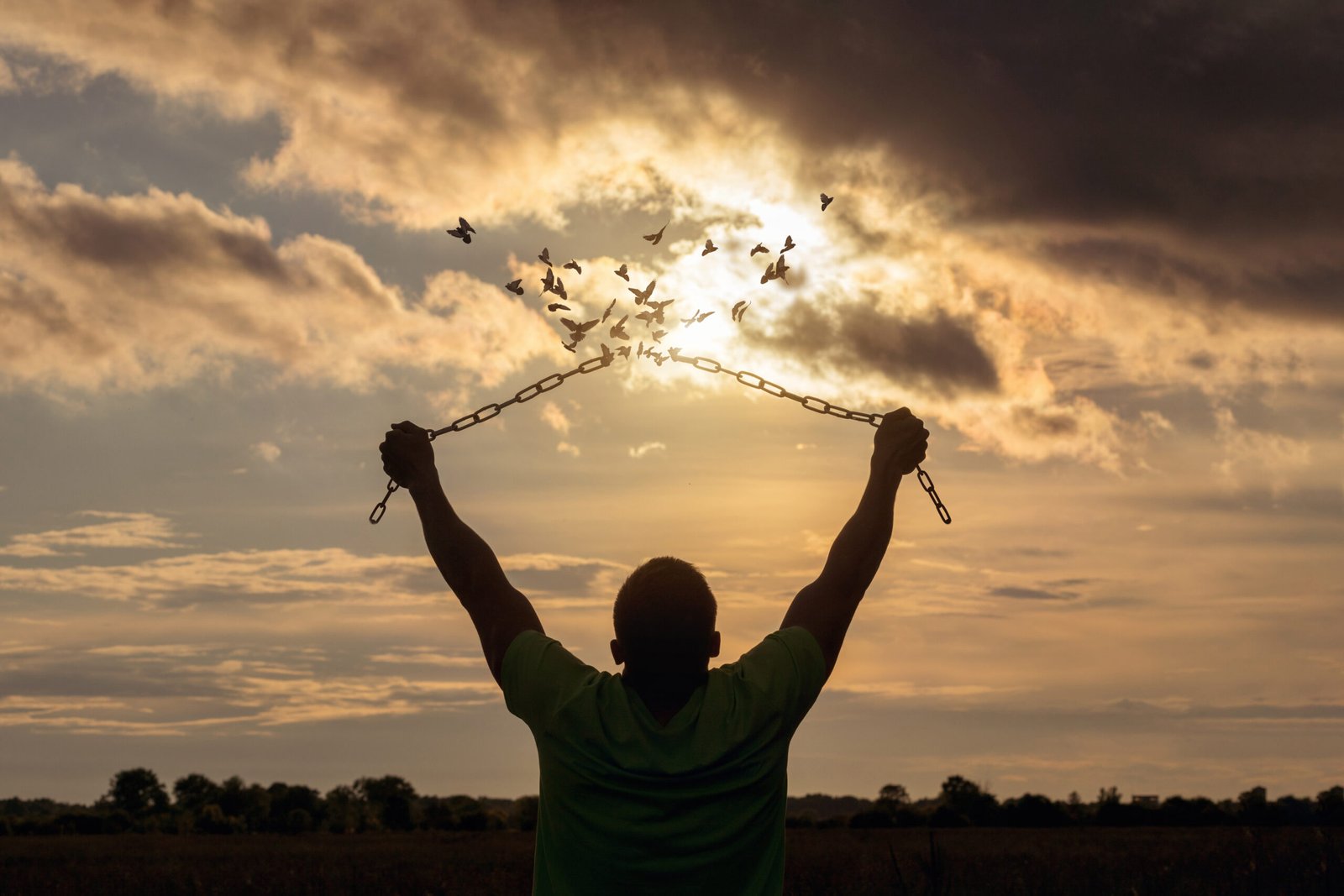Man raised his hands and broke the chains that turned into birds.