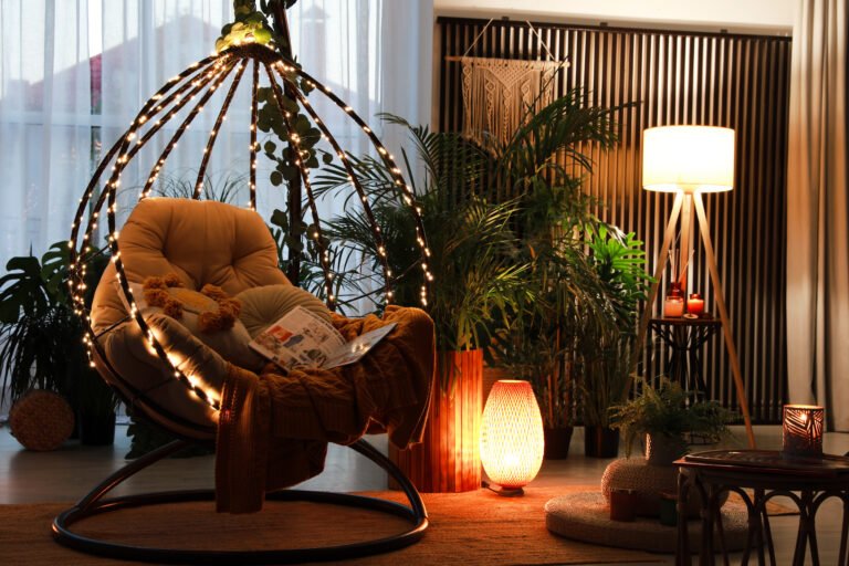 Indoor terrace interior with comfortable hanging chair and houseplants