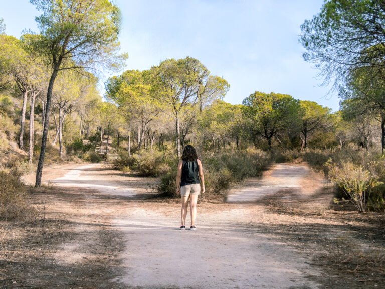 Woman choosing a path in a forest. Concept of decision making in life.