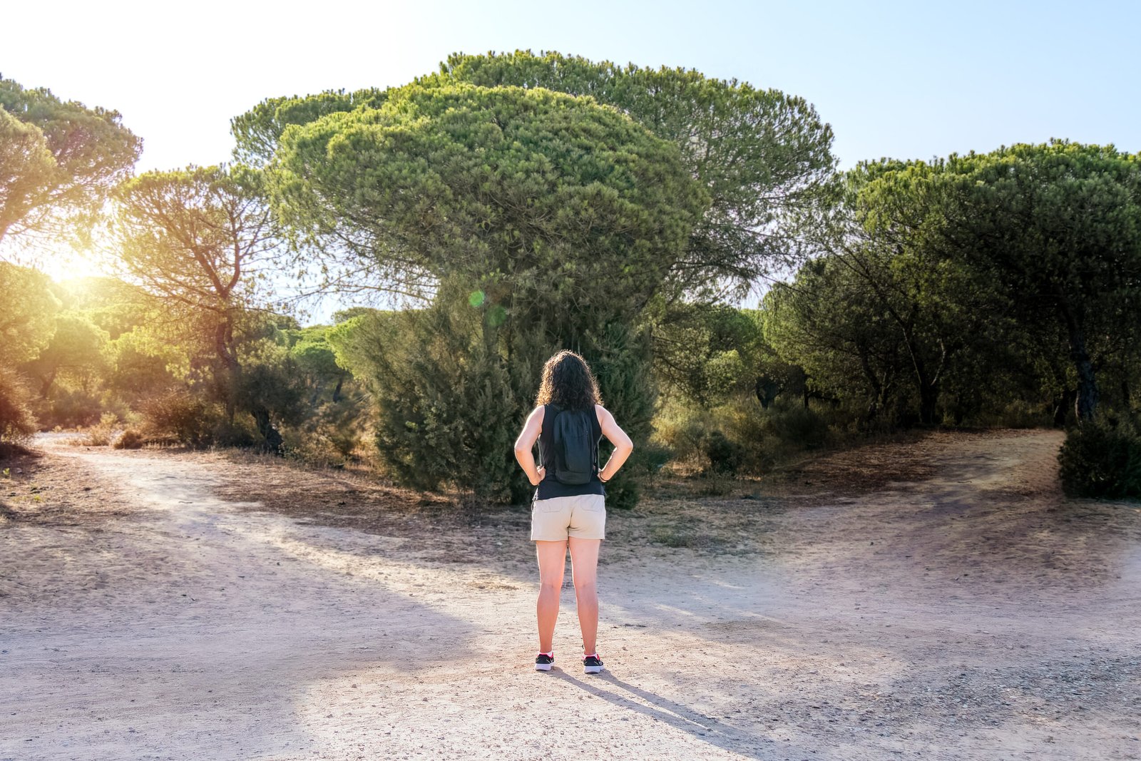 Woman choosing to take a light path or a dark path in a forest. Concept of decision making in life.