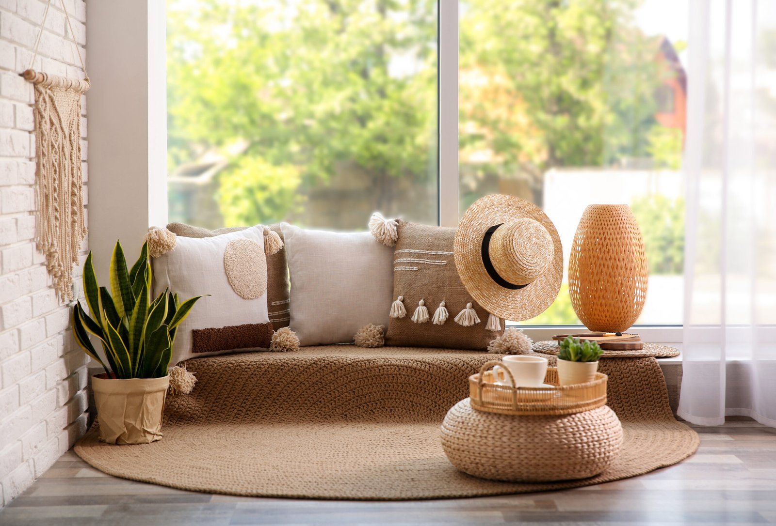 Comfortable place for rest with cushions near window indoors