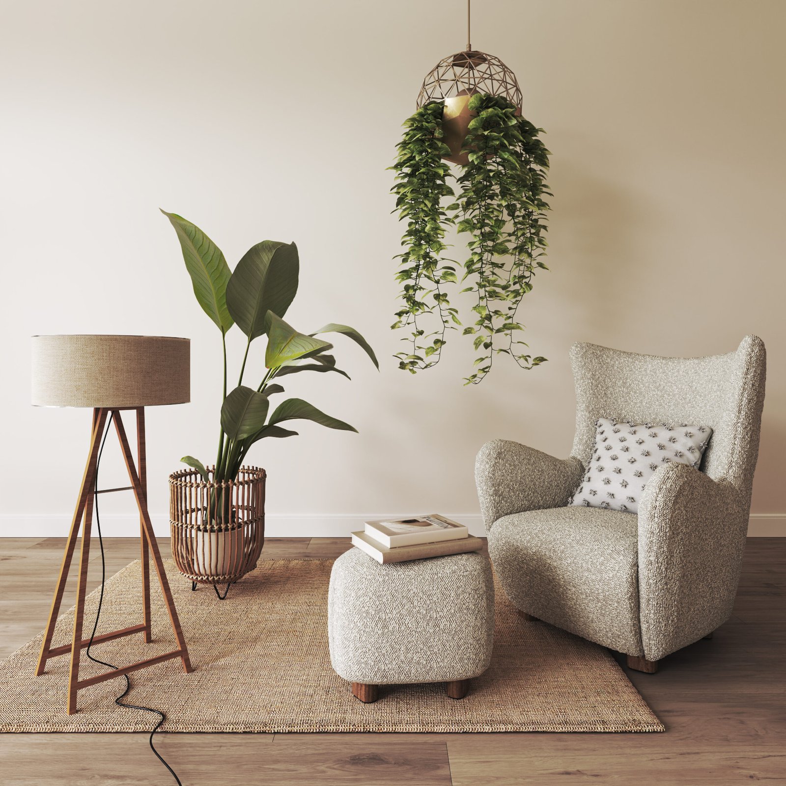 Design a minimalist living room with a cozy armchair and plant for a peaceful ambiance, 3d rendering