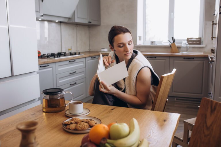 A beautiful brunette woman in the kitchen at the table takes notes in a notebook