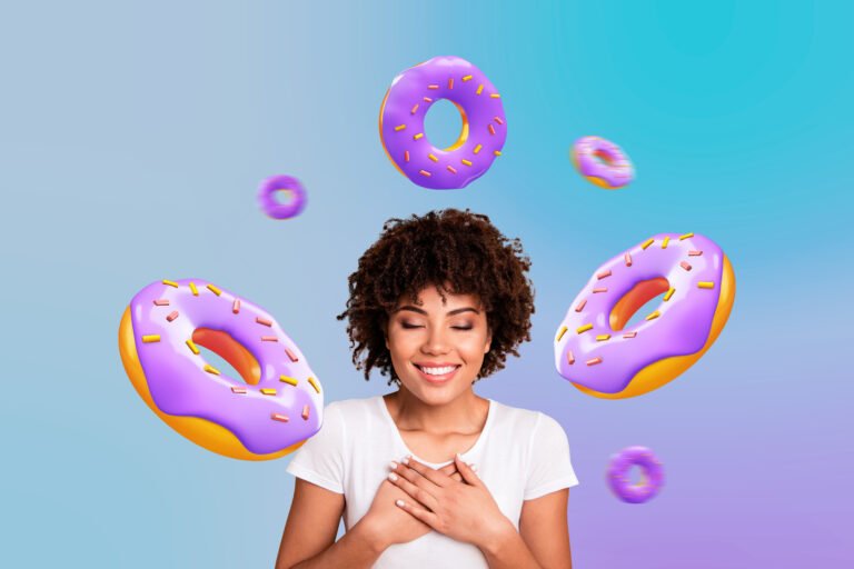 Creative collage picture young joyful happy girl dream patry yummy sugary donut dessert meal desired want drawing background