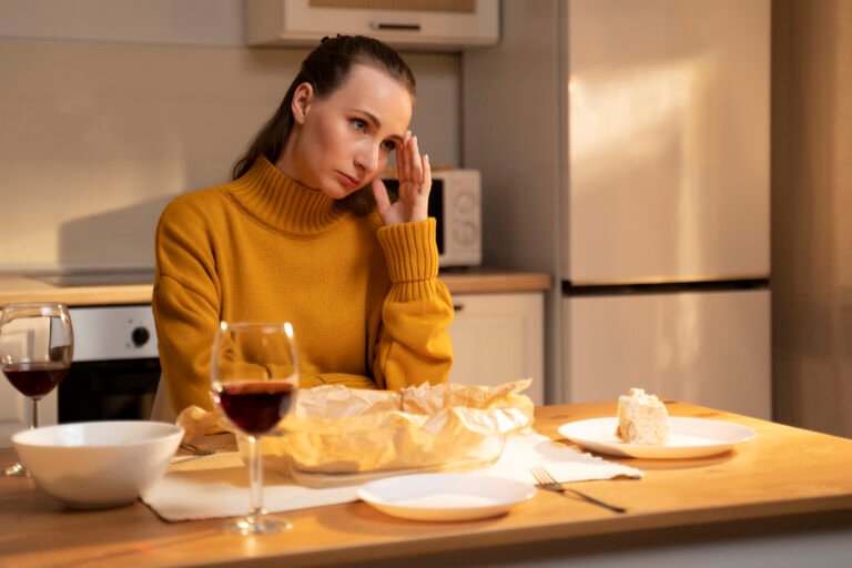 A contemplative woman sits at a table with a slice of cake and a glass of red wine in a warmly lit kitchen. A woman is crying alone