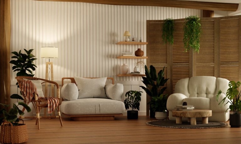 Sustainability in inviting living room with natural elements. 3D render illustration