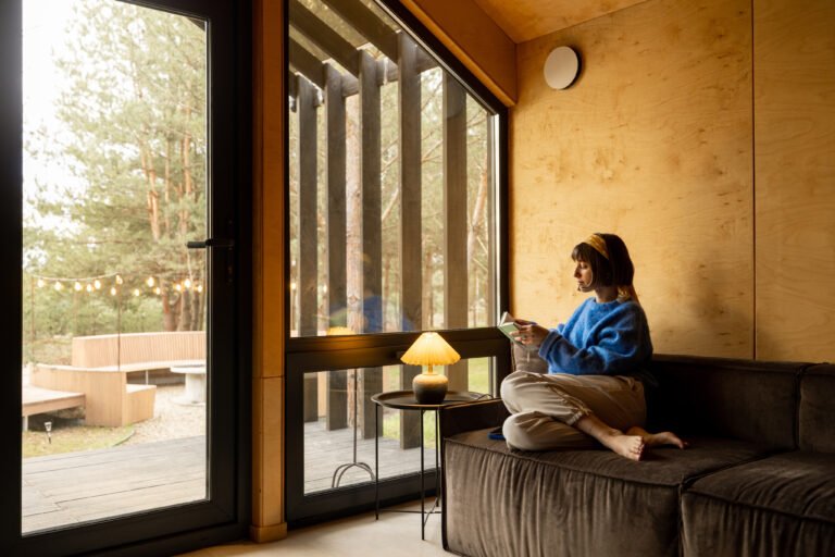 Woman on couch at wooden house on nature