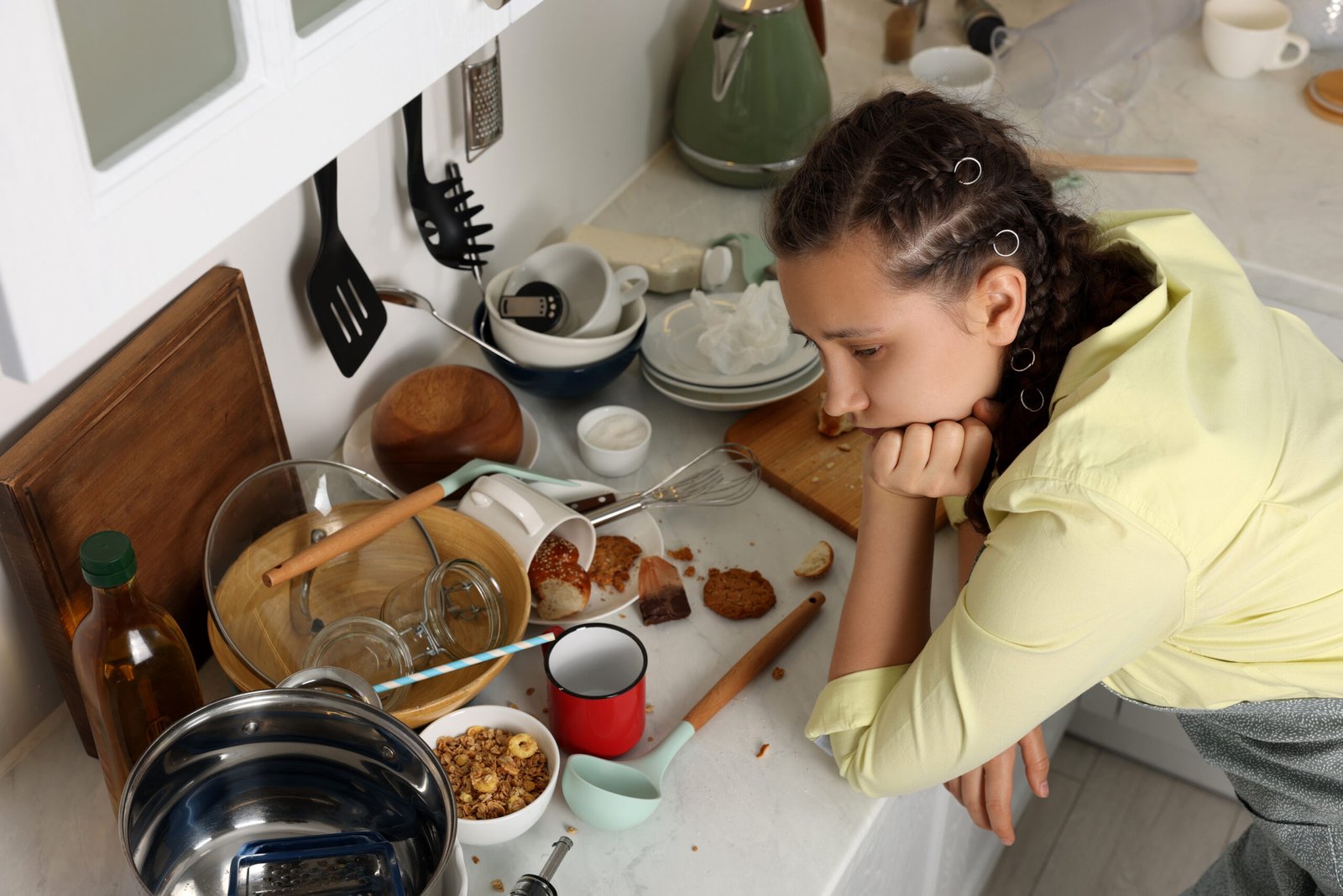 Stressed woman leaning on countertop with many dirty dishware, utensils and food leftovers. Mess in kitchen