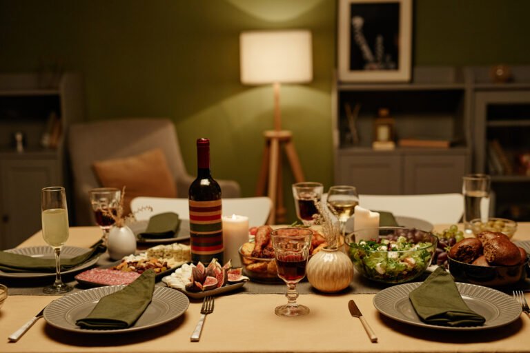 Dining table with food in the living room