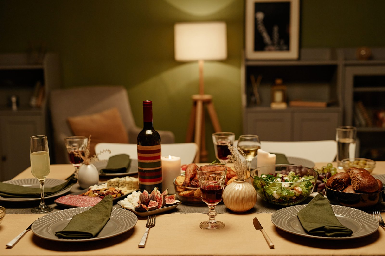Dining table with food in the living room