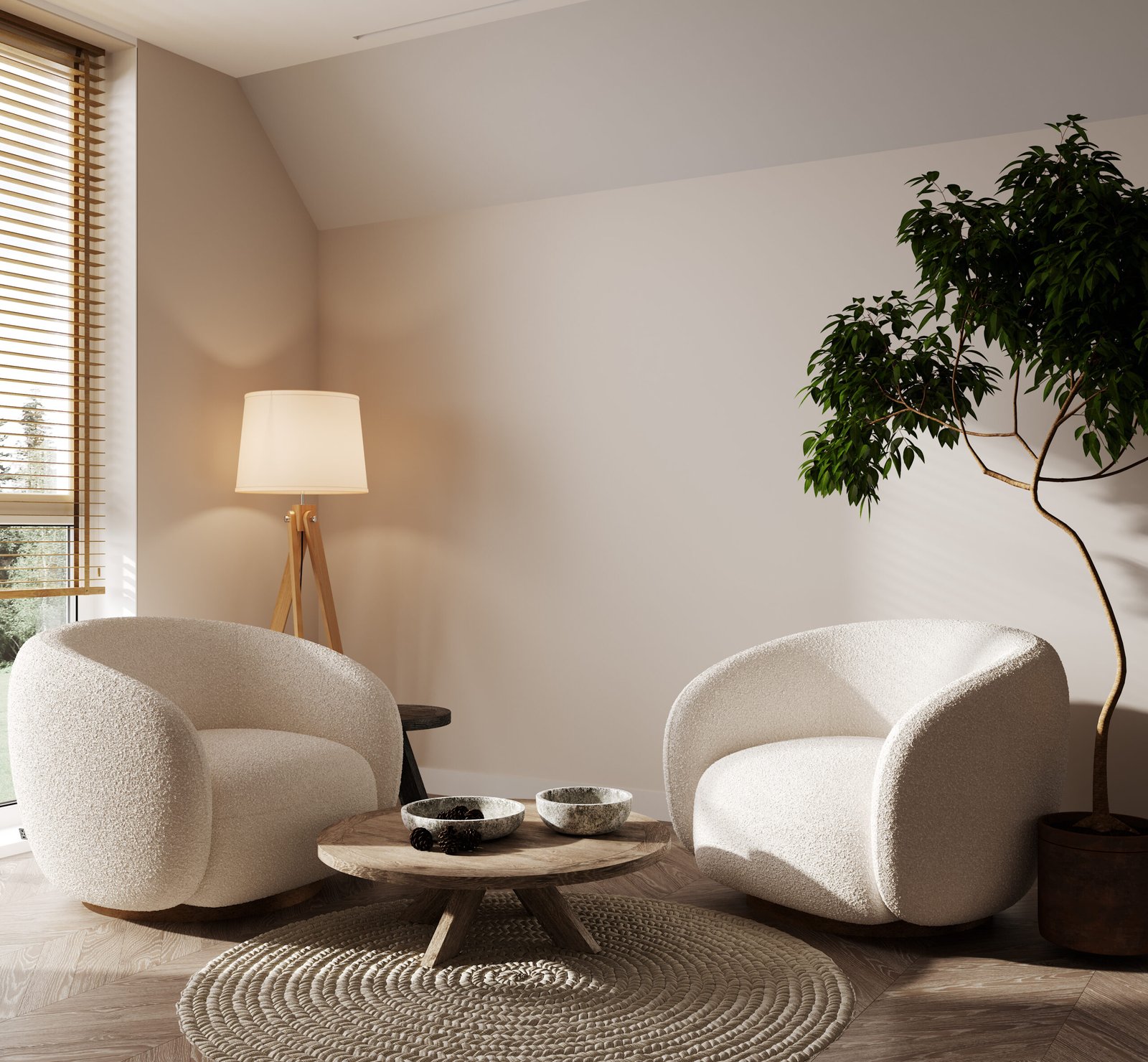 Cozy living room interior, white modern armchair on beige background, 3d render