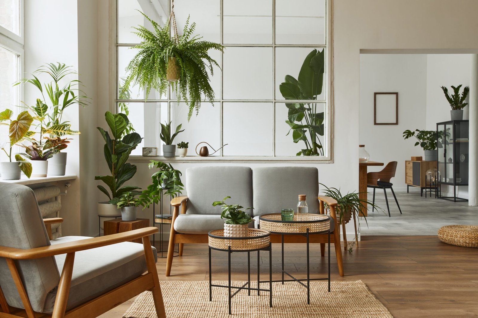 Modern scandinavian interior of living room with design grey sofa, armchair, a lot of plants, coffee table, carpet and personal accessories in cozy home decor. Template.