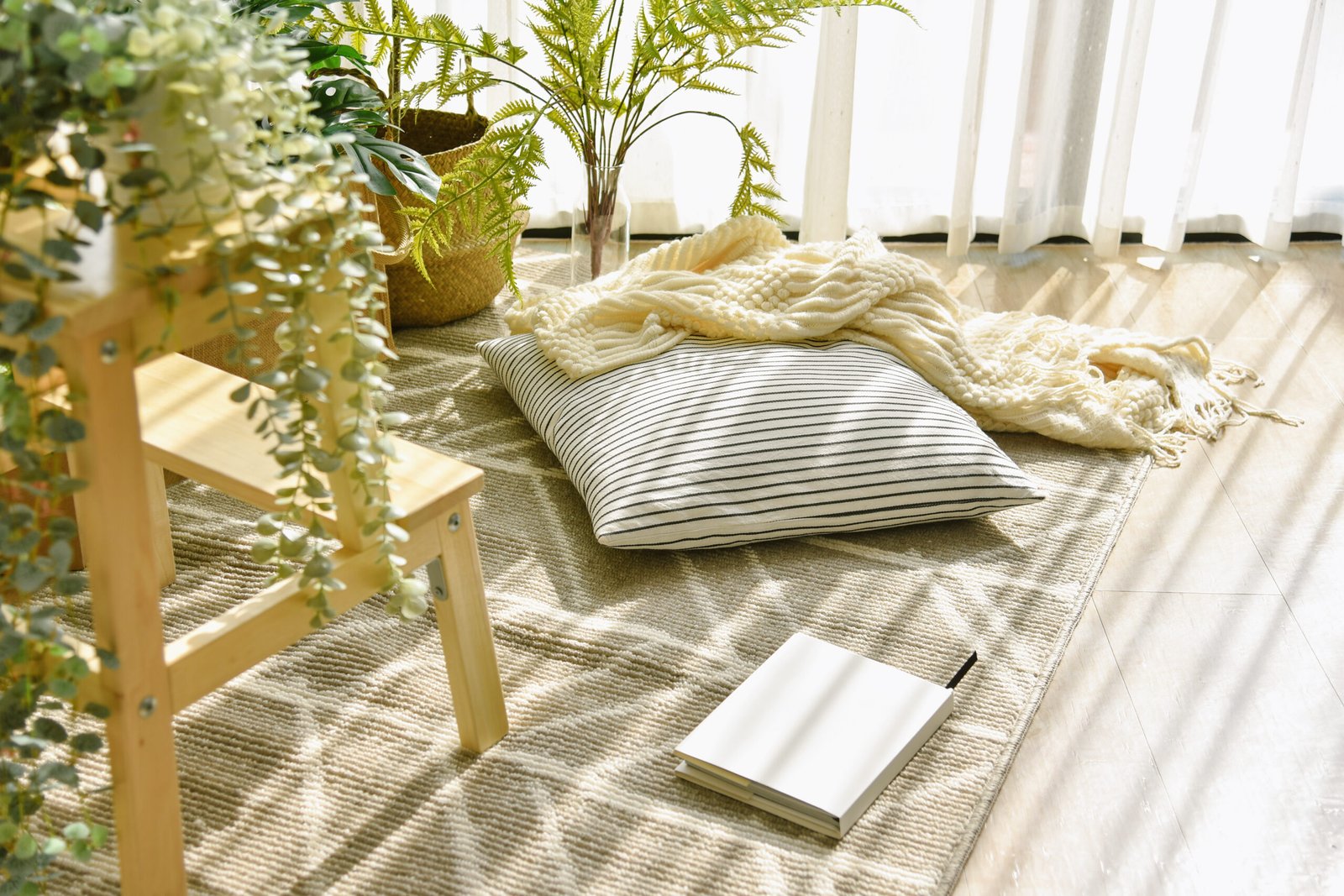 Pillow and soft blanket in relaxing space, Comfort living room with warm and cozy natural light, Artificial plant, Indoor tropical houseplant for home interior and air purification.