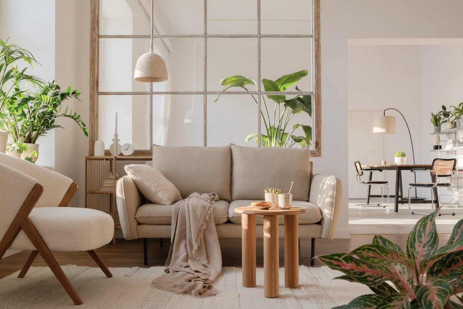 Stylish compositon of modern living room interior with frotte armchair, sofa, plants, wooden commode, side table and elegant home accessories. Home staging. Template. Copy space.