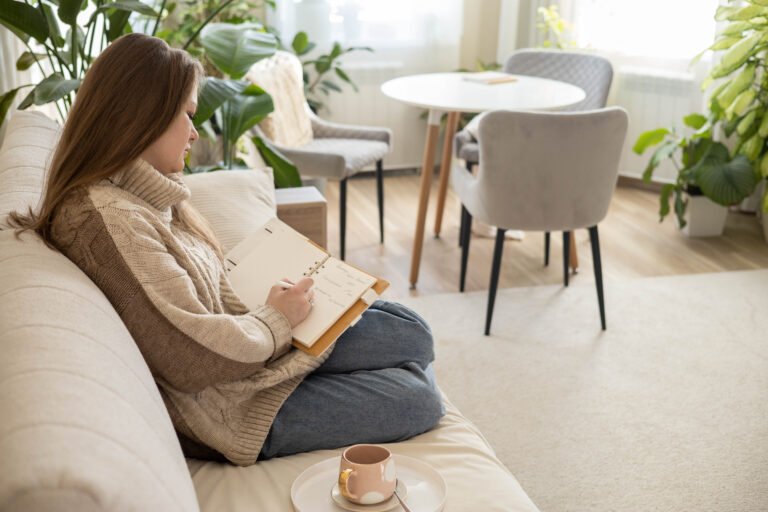 Dreaming plus size woman relaxing at comfortable room with houseplant writing notes in diary